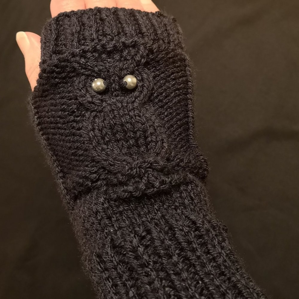 Navy Blue Owl Knit Fingerless Texting Gloves Mittens Arm Warmers Glovelet